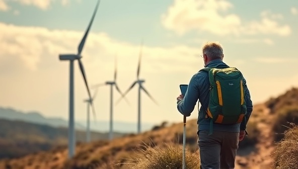 An adventurous scene of a hiker trekking through a wind-swept landscape with the GaleCharge Pack on their back, the wind turbines spinning gracefully to generate energy for charging a smartphone, emphasizing mobility, sustainability, and outdoor exploration with renewable power.