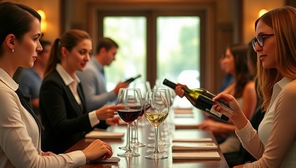 An elegant wine tasting setup with sommeliers pouring wine samples and engaging participants in a tasting journey through different wine regions, creating a sophisticated and interactive wine experience.
