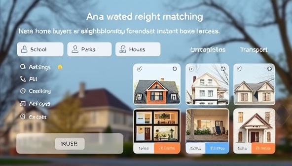 An AI-powered neighborhood matching interface showing a home buyer inputting preferences like school ratings, parks, and public transport access, with instant matches to homes in compatible neighborhoods, creating a personalized and efficient property search experience.