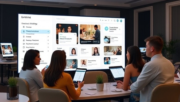 An engaging virtual event planning session depicted with event planners, vendors, and clients interacting on a digital platform, discussing event details, viewing service offerings, and finalizing event logistics, showcasing a seamless and collaborative virtual event planning experience.