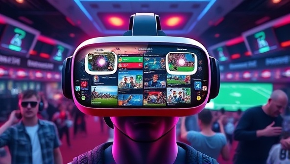 A futuristic VR headset displaying an array of sports events and games in a vibrant virtual environment, surrounded by digital betting interfaces and cheering avatars, illustrating the immersive and high-tech nature of the VR BetHub experience.