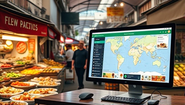 An immersive virtual tour experience showcasing a bustling street food market in a foreign destination, a computer screen displaying the TasteVoyage platform with interactive map features, local guides presenting authentic dishes, and users engaging in a culinary adventure from their homes, evoking a sense of global exploration through food.