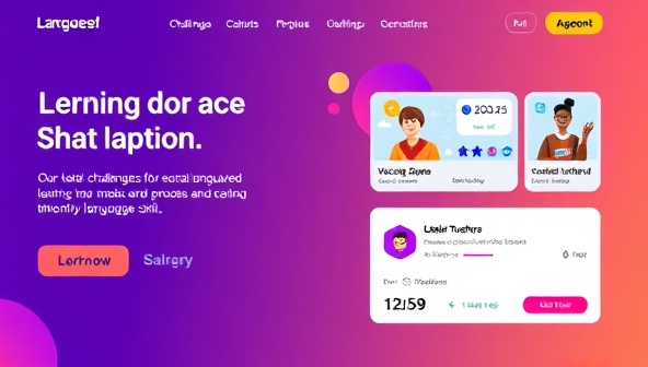 An interactive language learning platform interface featuring a user engaging in language challenges, vocabulary games, and virtual tutoring sessions to improve language skills, with progress trackers and achievement badges enhancing the gamified learning experience.