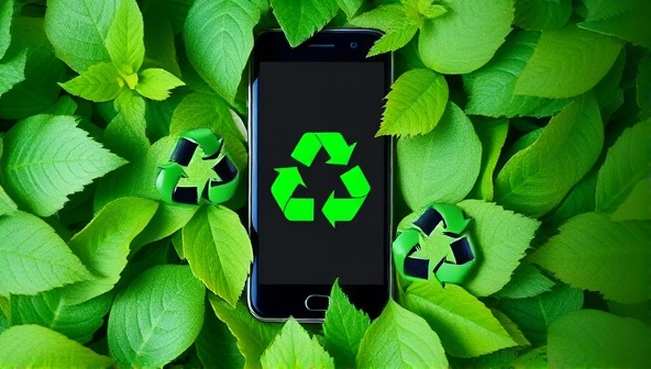 An artistic representation of a mobile phone surrounded by green leaves and recycling symbols, showcasing the harmony between technology and nature embodied by GreenWave Mobile's eco-friendly approach to mobile telecommunications.