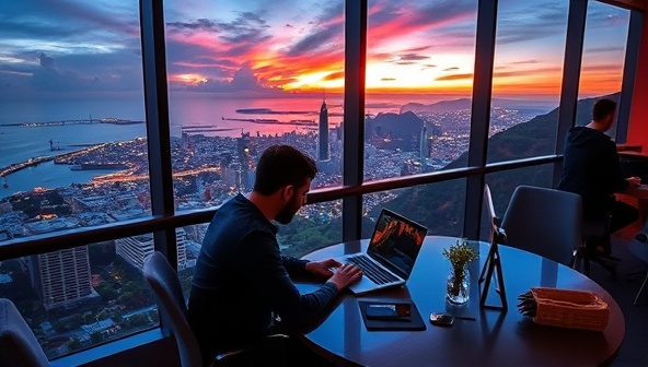 A captivating image of a remote worker immersed in work at a scenic coworking space overlooking a breathtaking view, surrounded by modern amenities and a vibrant atmosphere, showcasing the productivity and inspiration offered by ShiftSpaces' remote workspace booking platform.