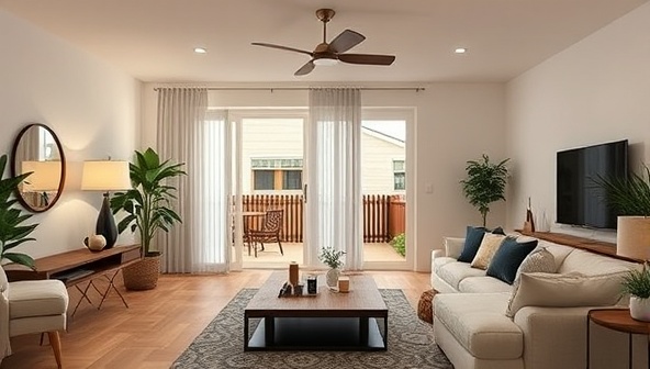 An inviting living room setting showcasing a modern smart home with energy-saving features like smart lighting, a thermostat, and motion sensors, emphasizing comfort, convenience, and sustainability.