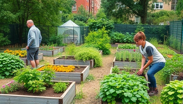 An urban oasis filled with lush greenery, raised garden beds bursting with colorful fruits and vegetables, members tending to their plots with smiles and camaraderie, and a vibrant community atmosphere of shared gardening knowledge and passion.