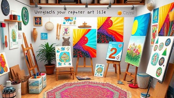 A vibrant visual representation showcasing a virtual art workshop setting with colorful art supplies, creative tools, and finished art pieces displayed in a cozy studio environment, inspiring participants to unleash their creativity and join the online artistic experience.
