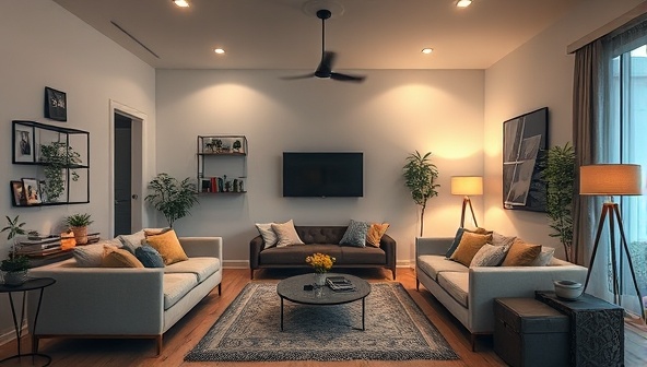 An inviting living room setting showcasing various smart home devices like thermostats, lighting systems, and solar panels seamlessly integrated to enhance comfort and energy efficiency, illustrating modern living at its best.