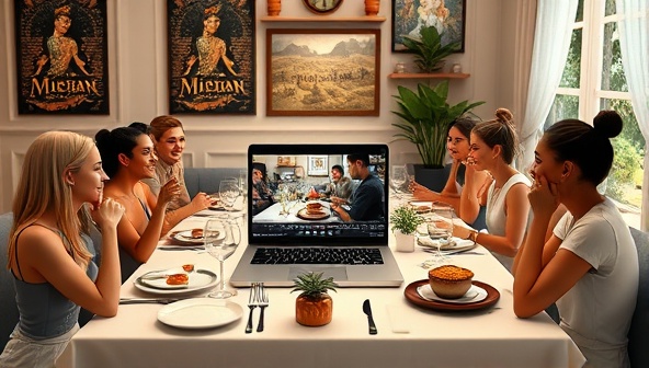 An inviting virtual dining setup featuring a beautifully set table, a laptop displaying a live cooking demonstration or dinner party, and a diverse group of digital avatars interacting and enjoying a culinary experience together, conveying a sense of community, connection, and shared enjoyment.