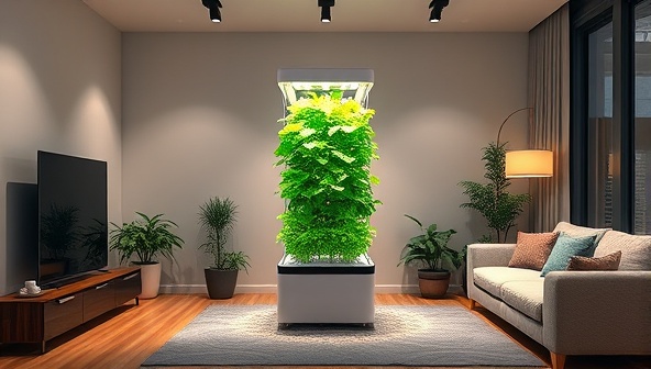 An inviting image of a modern living room with a sleek vertical farming tower showcasing a variety of lush greens growing under vibrant LED lights, creating a harmonious blend of technology and nature in an urban setting, inspiring DIY urban farmers.