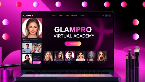 An inspiring visual depiction of the GlamPro Virtual Academy platform interface, featuring virtual makeup tutorials, live webinars with industry experts, and interactive quizzes, creating a dynamic and immersive learning environment for aspiring makeup artists in a digital age.