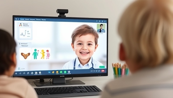 A virtual pediatrician consultation scene with a child smiling on a video call, while the pediatrician shows child-friendly health illustrations and engages with the parent, creating a friendly and comforting healthcare setting for children's medical needs.