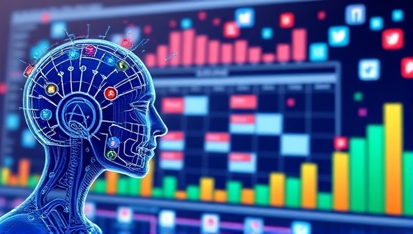 An artistic representation of AI algorithms analyzing social media data and generating a content calendar, with colorful graphs and social media icons in the background, symbolizing efficiency and data-driven scheduling.