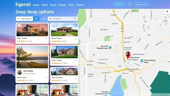 A vibrant digital platform interface showcasing property listings with swap options, interactive maps indicating available properties, and user profiles with reviews and ratings, creating a dynamic and engaging space for neighborhood property exchanges.