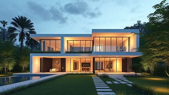 A stunning 3D architectural visualization of a modern, minimalist house design, showcasing intricate details, realistic lighting effects, and a lush garden setting to inspire potential clients.