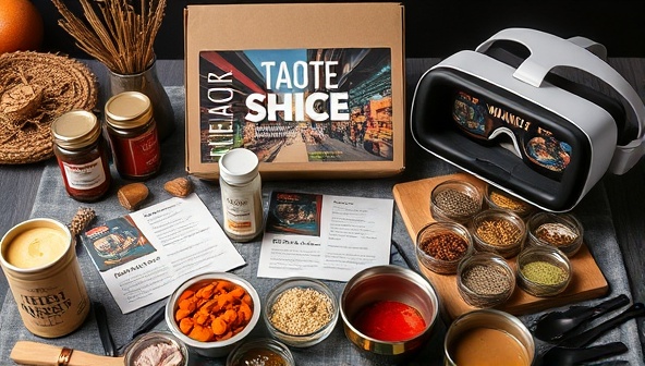 An immersive tabletop setting with a collection of themed culinary items, including exotic spices, recipe cards, travel souvenirs, and virtual reality goggles displaying a vibrant street market scene, inviting subscribers to embark on a sensory and cultural journey with TasteWanderlust Experiences.
