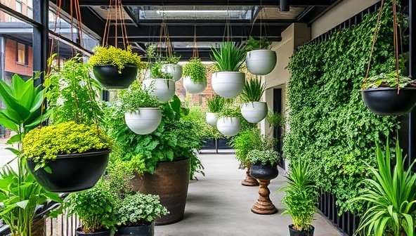 An artistic display of HerbVibe Creations' customized herb gardens, featuring vibrant herb planters, hanging garden installations, and vertical herb walls in modern urban settings, surrounded by lush greenery and natural elements, evoking a sense of harmony and connection to nature in city living.