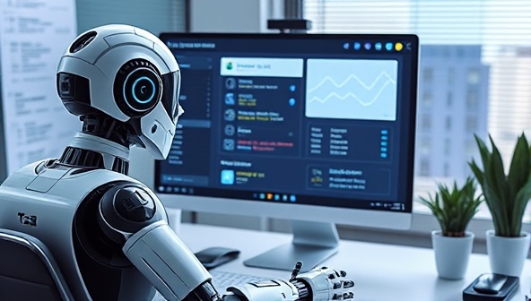 An interactive virtual assistant in the form of a futuristic AI tax bot providing tax advice on a computer screen, with tax forms and calculations displayed in the background, showcasing the efficiency and intelligence of TaxSense AI, evoking innovation and convenience.