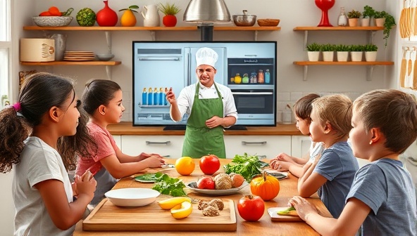 An engaging virtual cooking class scene with a group of enthusiastic kids following along with a chef instructor on a digital screen, surrounded by colorful ingredients, utensils, and playful kitchen decor, capturing the excitement and joy of culinary exploration with LittleChefs Online.