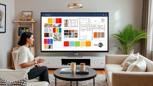 A virtual home renovation consultation setup with a designer presenting color swatches, fabric samples, and renovation plans on a digital screen, surrounded by home decor elements, inspiring homeowners to reimagine their living spaces virtually.