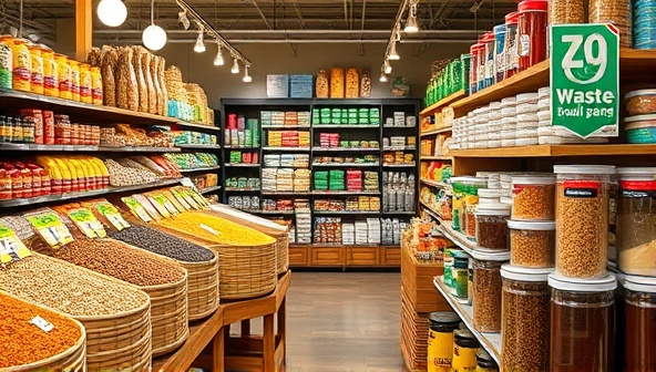 An aesthetically pleasing grocery store interior showcasing bulk bins filled with colorful grains, nuts, and spices, reusable containers neatly displayed, and eco-friendly signage promoting zero-waste shopping, creating a welcoming and sustainable atmosphere.