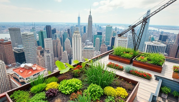 An aerial view of a bustling city skyline with lush rooftop gardens filled with vibrant plants and vegetables, showcasing a sustainable and green urban oasis created by the co-op.