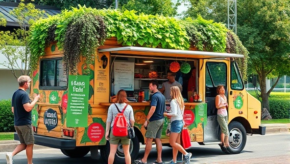 A vibrant food truck adorned with lush greenery and serving colorful, plant-based dishes to a diverse group of customers, capturing the essence of healthy, eco-friendly street food on the move.