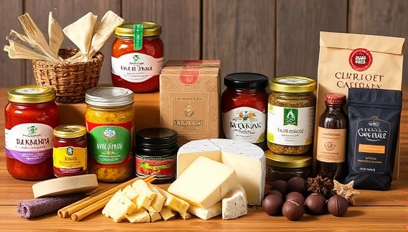 An enticing display of artisanal food products from around the world, including colorful jars of preserves, aged cheeses, exotic spices, and handmade chocolates, arranged elegantly on a wooden table, evoking a sense of culinary adventure and global flavors synonymous with Gourmet Globe.