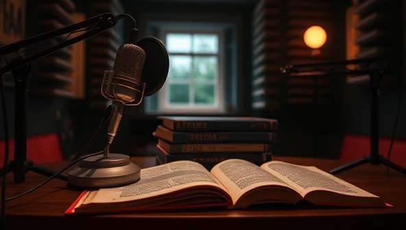 A podcast recording setup with a vintage microphone, a stack of books, and a script, surrounded by soundproofing panels and mood lighting, capturing the essence of literary podcast production and storytelling atmosphere.