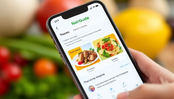 An engaging mobile phone screen displaying the NutriGuide app interface with colorful meal plans, nutritional tips, and a chat feature with a nutrition expert, showcasing convenience and personalized guidance at users' fingertips.