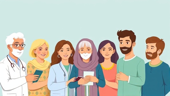 An illustration of a diverse group of patients with rare medical conditions finding relief and hope through the wide selection of specialty medications available on the RareMed Market platform, showcasing inclusivity and support in healthcare.