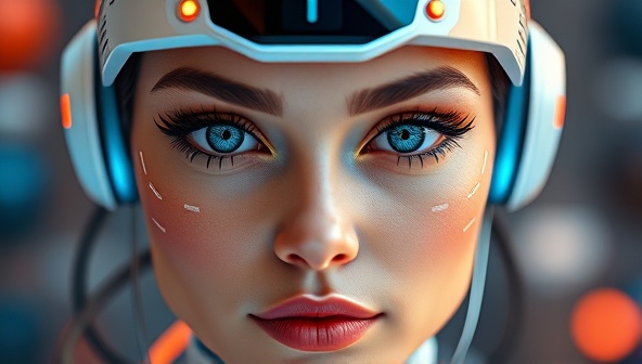 An eye-catching digital artwork showcasing a virtual influencer with futuristic features and a brand logo subtly integrated into the design, symbolizing the blending of AI and marketing strategies.
