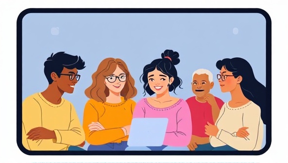 An illustration of diverse individuals engaging in a virtual support group session on the MindShare Community app, expressing empathy, connection, and solidarity in mental health support.