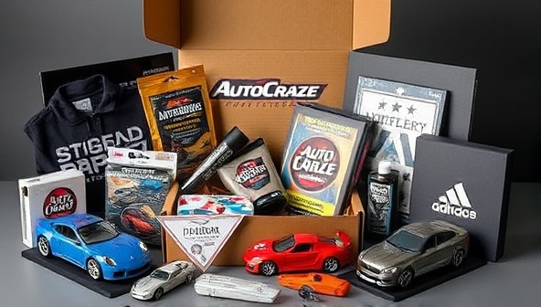 A stylish and branded subscription box overflowing with automotive-themed products and accessories, including model cars, apparel, car care items, and collectibles, arranged in an enticing display that captures the essence of the AutoCraze Lifestyle Box experience.