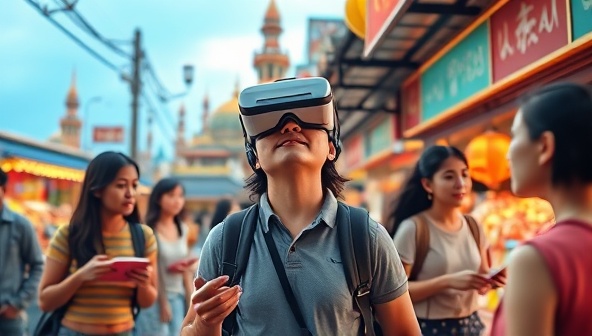 An immersive virtual reality environment featuring a traveler interacting with animated locals in a foreign language, surrounded by vibrant cultural elements like street markets and landmarks, illustrating the blend of language learning and travel experiences.