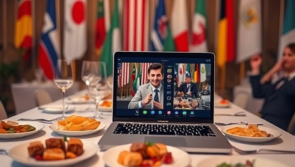 An elegant virtual tasting setup with a backdrop of international flags, a variety of gourmet food samples neatly arranged on a table, a laptop displaying a live tasting session with a charismatic host, and participants engaging in lively discussions, evoking a sense of global culinary exploration and camaraderie.