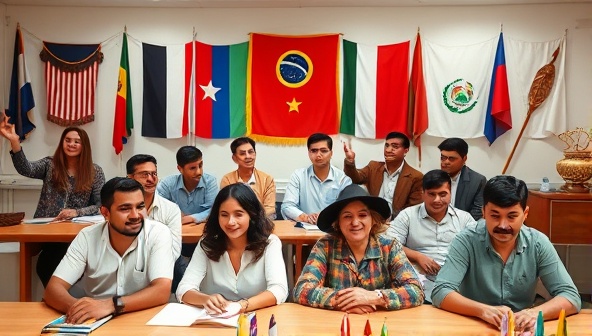 A virtual classroom setting with a diverse group of participants engaging in a language lesson, with cultural artifacts and flags in the background, creating a vibrant and interactive learning environment.