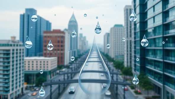 An urban cityscape with digital water droplets floating in the air, representing the concept of smart water management and technology-driven solutions for a sustainable future.