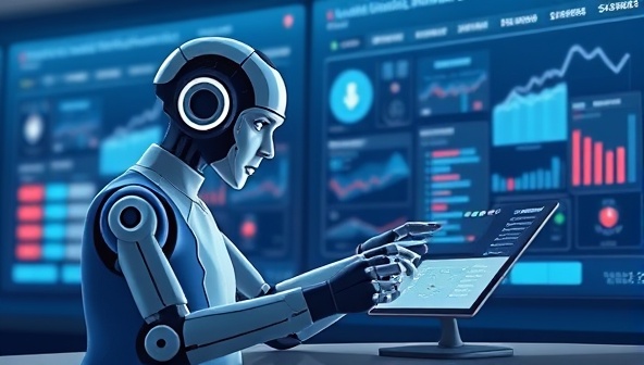 An illustration of a futuristic AI assistant interacting with a user on a digital device, analyzing financial data and providing personalized recommendations, conveying the cutting-edge technology and personalized service of WealthWiseAI.