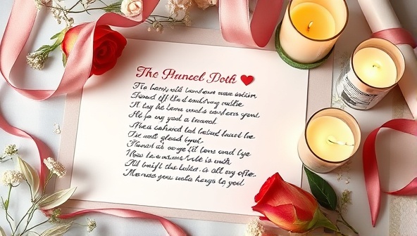 A beautifully designed handwritten poem on elegant stationery, surrounded by decorative elements such as flowers, ribbons, and candles, evoking a sense of intimacy and thoughtfulness in gifting personalized poetry.