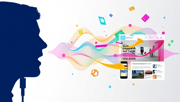 An engaging visualization of a person speaking to a microphone, with colorful waves representing voice commands transforming into a dynamic and responsive website design, highlighting the innovative nature of SpeakSite's voice-activated services.