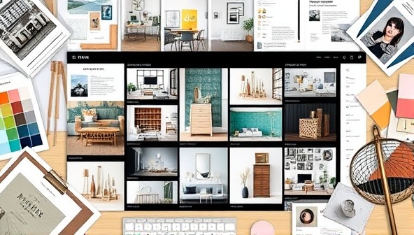 A digital mood board displaying interior design concepts, color schemes, and furniture layouts, surrounded by swatches, decor samples, and design tools, creating a visual representation of the virtual design consultancy's creative process and expertise.