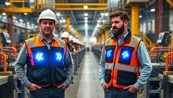 A visual representation of industrial workers wearing CoolTech Workwear cooling vests in a manufacturing plant environment, highlighting the comfort and safety benefits of the innovative cooling technology in action, amidst machinery and production lines.