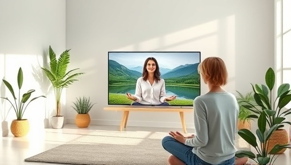 A serene virtual wellness studio environment with a wellness coach leading a guided meditation session on a digital screen, surrounded by calming nature scenes and wellness affirmations, evoking relaxation and balance.