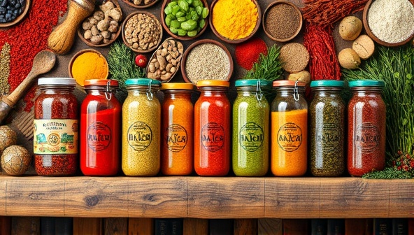 An artistic depiction of a collection of vibrant spice jars from around the world, neatly arranged on a rustic wooden shelf against a backdrop of colorful spices and herbs, evoking a sense of culinary exploration and global flavors.