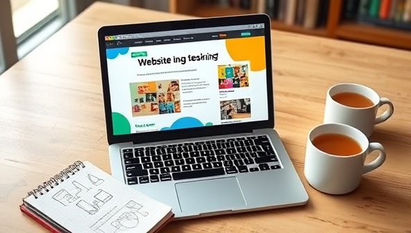 A laptop displaying a visually appealing website design lesson, with colorful graphics, a notepad with sketches, and a cup of tea, creating a cozy and creative learning environment.