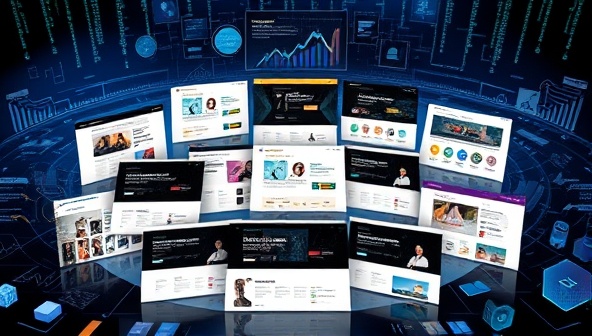 A dynamic visualization of a digital marketplace showcasing a variety of personalized web design templates, each tailored to different user preferences and industries, surrounded by data analytics graphs and machine learning algorithms, highlighting the innovative and data-driven approach of DataDesign Market in web design.