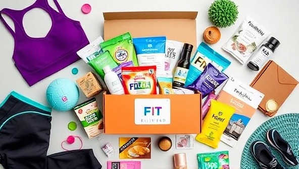An image showcasing a colorful and diverse selection of fitness products and wellness items arranged in a subscription box, surrounded by workout gear and healthy snacks, conveying the variety and value of the FitBox Delivered subscription service.