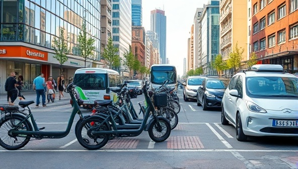 An urban scene showcasing a diverse range of sustainable transport options like electric bikes, scooters, and shared cars in a bustling city setting, highlighting the convenience and eco-friendly nature of alternative transportation choices.